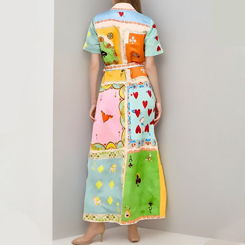 Damen Maxikleid mit buntem Patchwork-Design und taillierbarem Gürtel Drune