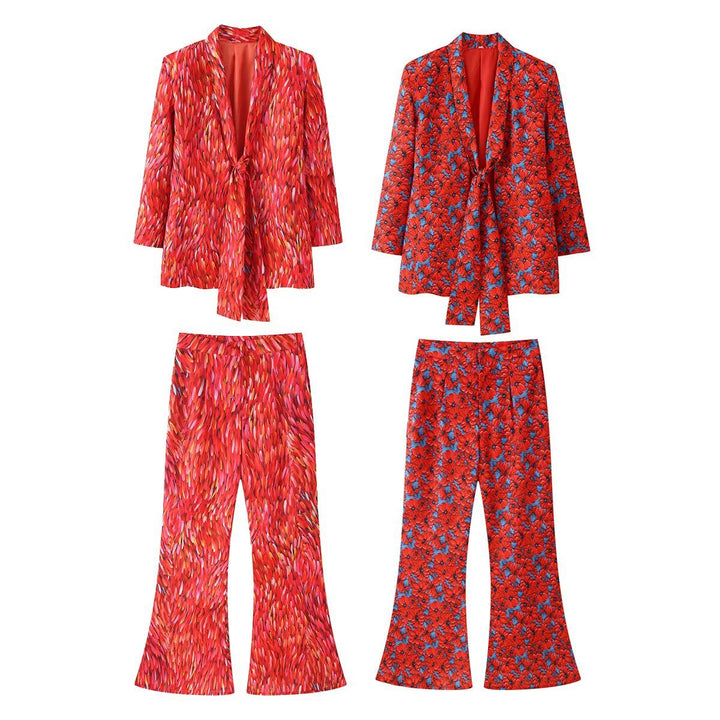 Damen 20+ zweiteiliges Satinset mit lockerem Knotenblazer und weiter Palazzohose Drune