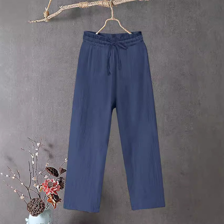Damen Crinkle Leinenmischung Hose mit elastischem Kordelzug, gerade Beinform und lässiger Passform Drune