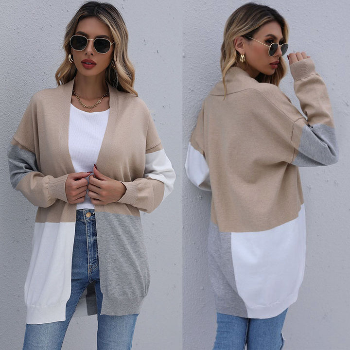 Damen Langer Colorblock-Feinstrickcardigan mit offener Front und überschnittener Schulter Drune