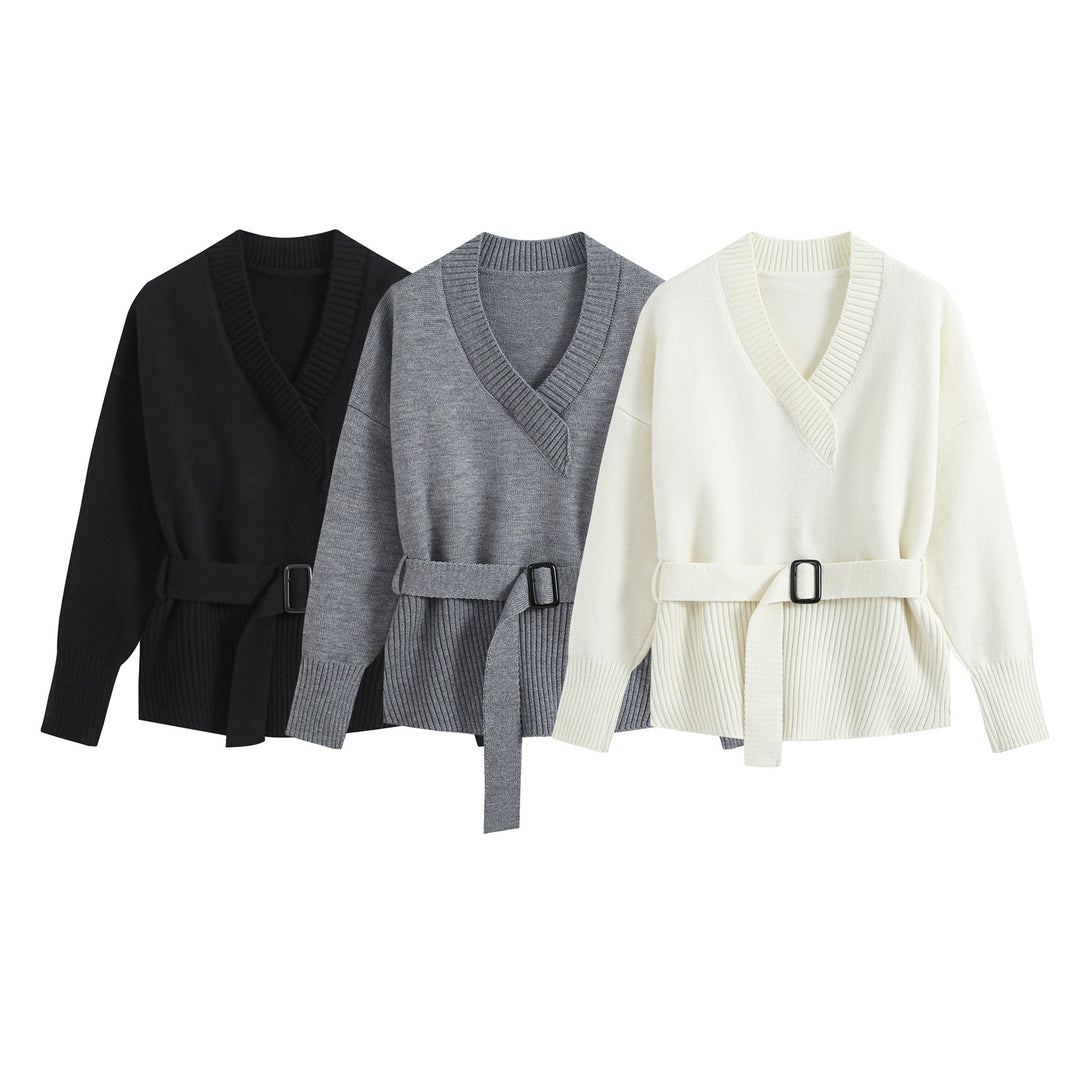 Damen Feiner Strickzweiteiler mit V‑Ausschnitt, Taillengürtel und weiter Bündchenhose Drune
