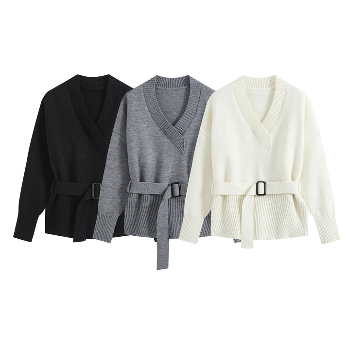 Damen Feiner Strickzweiteiler mit V‑Ausschnitt, Taillengürtel und weiter Bündchenhose Drune