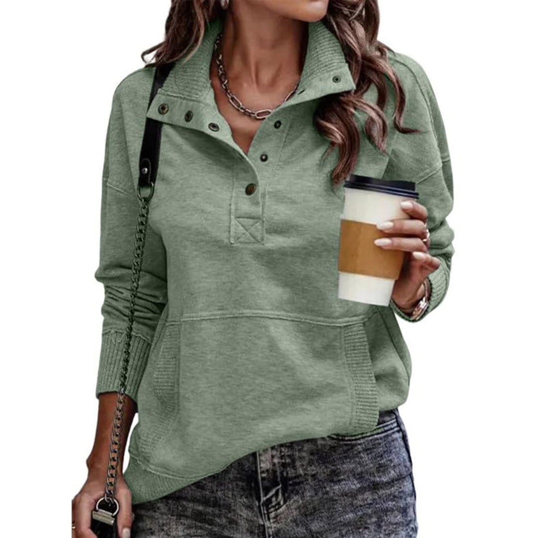 Damen Sweatpullover mit Stehkragen-Knopfleiste und Kängurutasche Drune