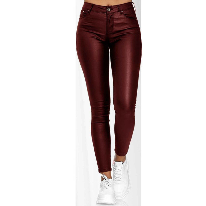 Damen figurbetonte Kunstleder-Hose mit mattem Finish und tiefem Bund Drune