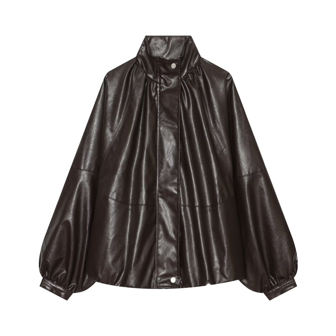 Damen Oversized Kunstleder-Cape mit Stehkragen und Ballonärmeln Drune