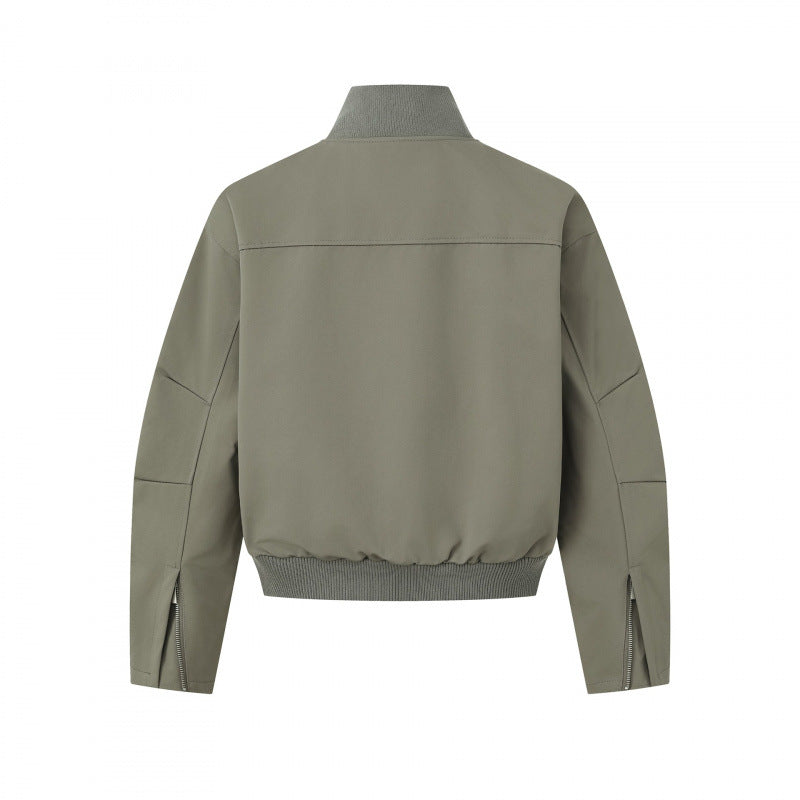 Unisex Kurz geschnittene minimalistische Bomberjacke mit geripptem Stehkragen und verdeckter Reißverschlussblende Drune