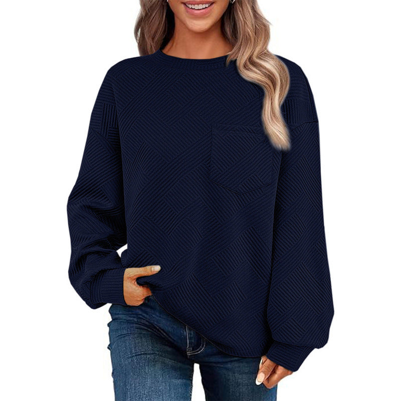 Damen lässiger Pullover mit strukturiertem Muster und praktischer Brusttasche Drune