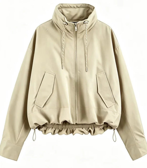 Damen Oversize Cropped Kapuzenjacke mit durchgehendem Reißverschluss, Kordelzug und gerafftem Saum Drune
