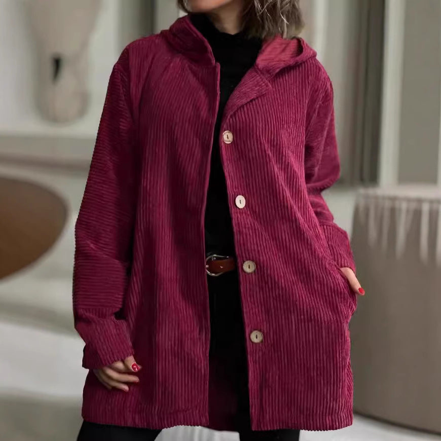Damen lässige und gemütliche Cordjacke mit Kapuze Drune