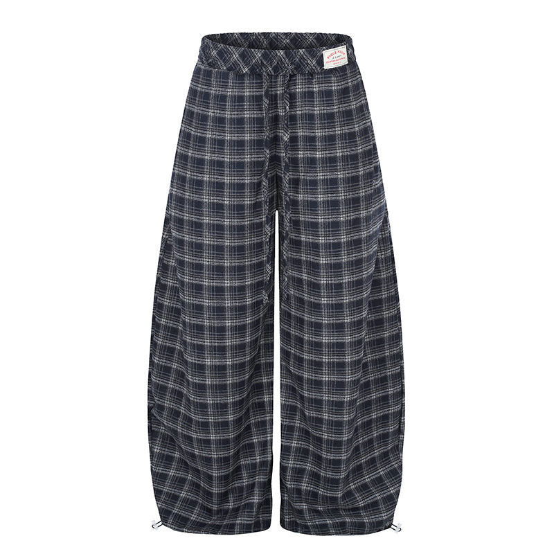 Damen Karierte Palazzo-Hose im Loungewear-Stil mit weitem Bein, elastischem Bund und Tunnelzug Drune