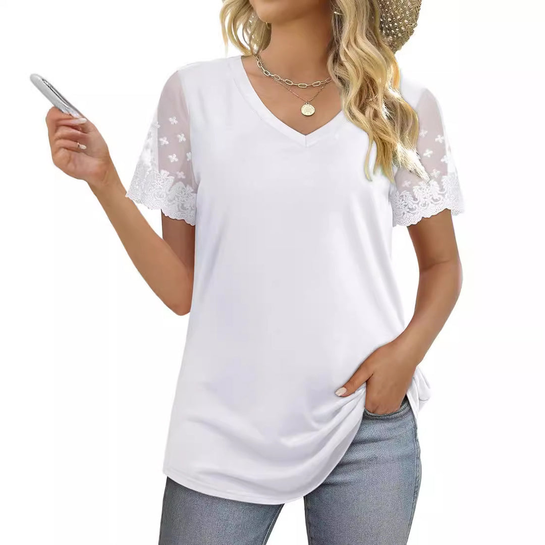 Damen Bluse mit eleganten Spitzenärmeln und V-Ausschnitt Drune