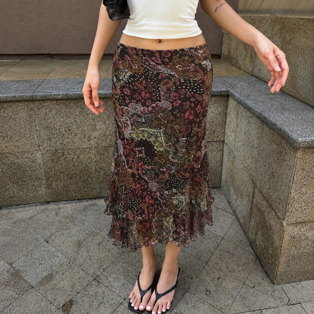 Damen Chiffon-Midirock mit mehrlagigem Volant, Paisley-Print und Zipfelsaum Drune
