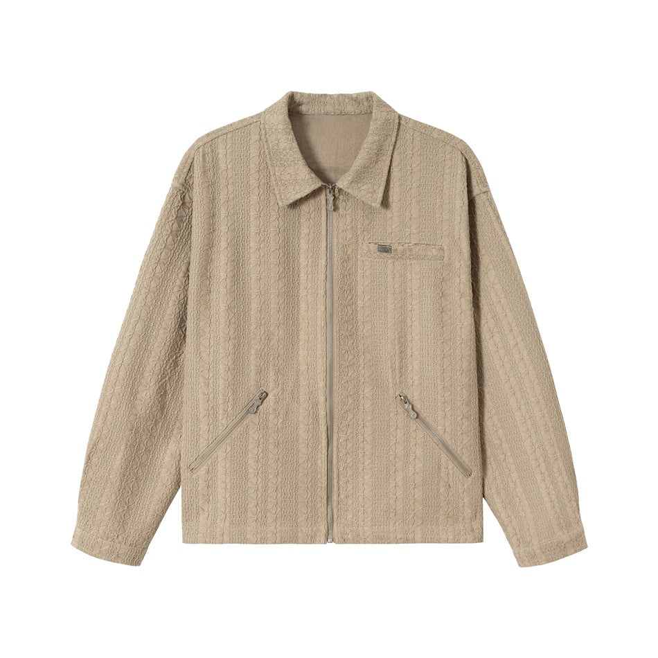 Unisex Texturierte Zip‑Blousonjacke im kastigen Schnitt mit Hemdkragen und diagonalem Reißverschlusstaschen Drune