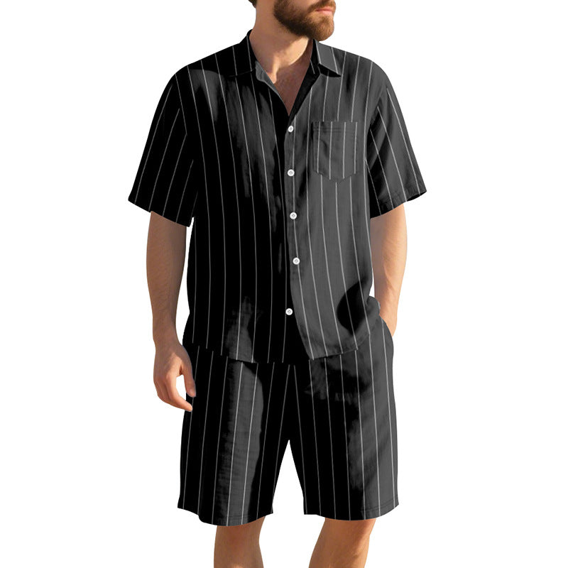 Herren Kurzarm-Pyjama-Set mit dezentem Streifenmuster und praktischer Brusttasche Drune