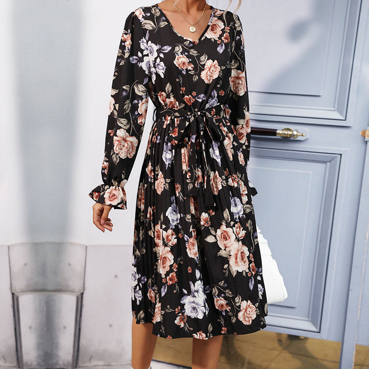 Damen Blumen-Midikleid mit V-Ausschnitt, plissiertem Rock und Taillengürtel Drune