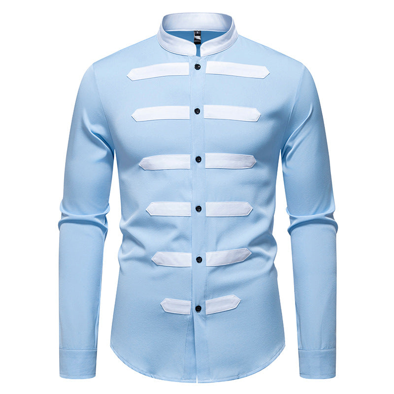 Herren Slim-Fit Hemd mit Stehkragen und dekorativen Paspelstreifen Drune
