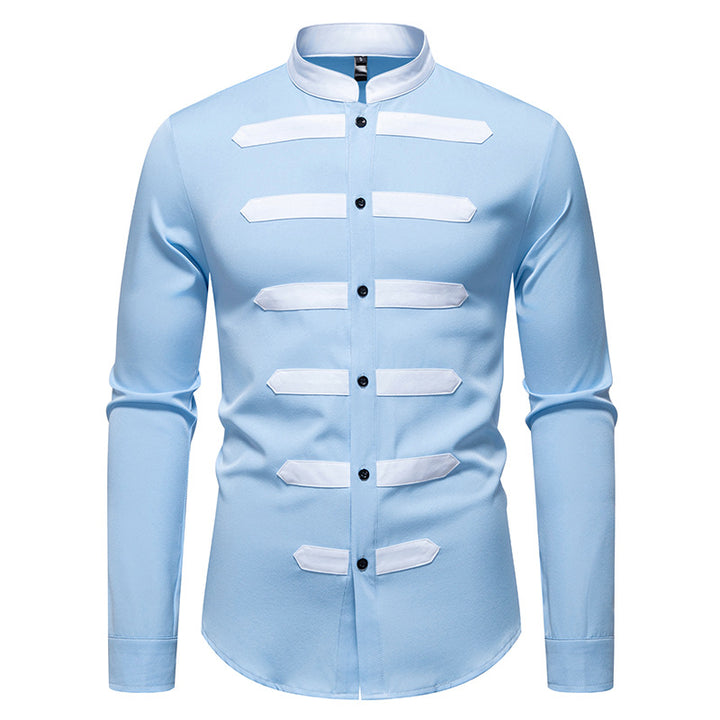 Herren Slim-Fit Hemd mit Stehkragen und dekorativen Paspelstreifen Drune