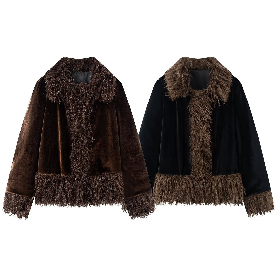 Damen Kurzjacke mit Faux‑Fellbesatz, Samtoptik und Fransenabschluss Drune