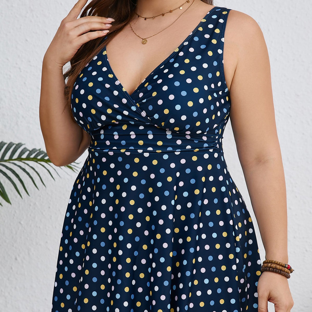 Damen Badesommerkleid mit modischem V-Ausschnitt und gepunktetem Design Drune