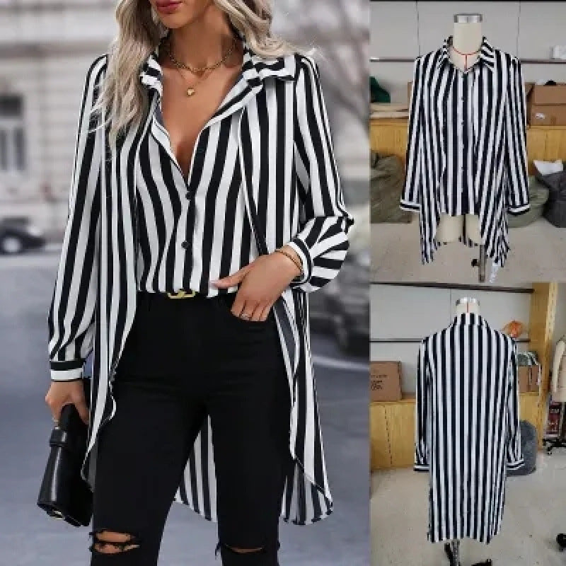 Damen Langarm Hemdbluse im modernen Streifenlook mit asymmetrischem Schnitt Drune