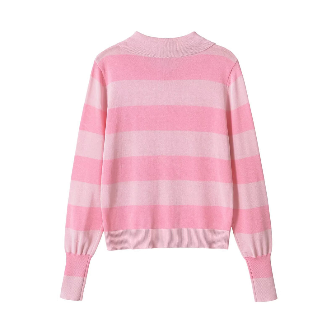 Damen Leichte gestreifte Strickjacke mit Polokragen und Knopfleiste Drune