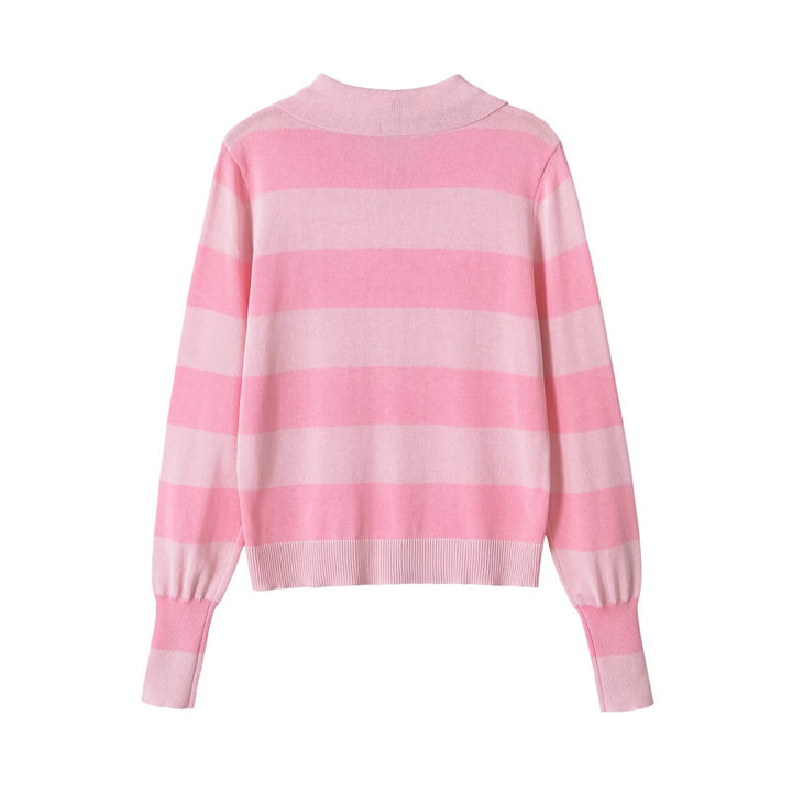 Damen Leichte gestreifte Strickjacke mit Polokragen und Knopfleiste Drune