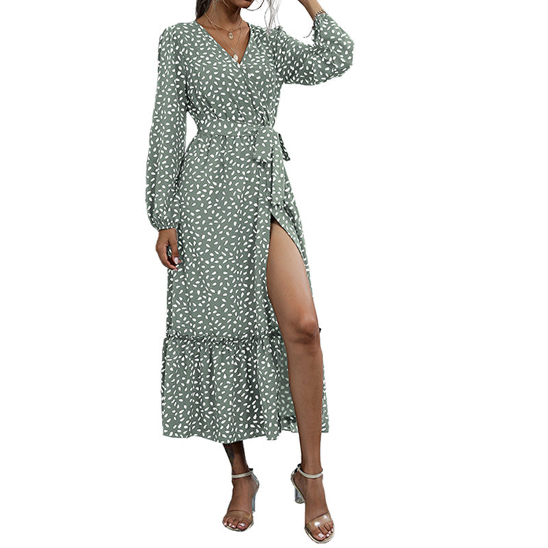 Damen Gemustertes Midikleid mit Wickel‑Optik, geraffter Taille und Stufenvolant Drune