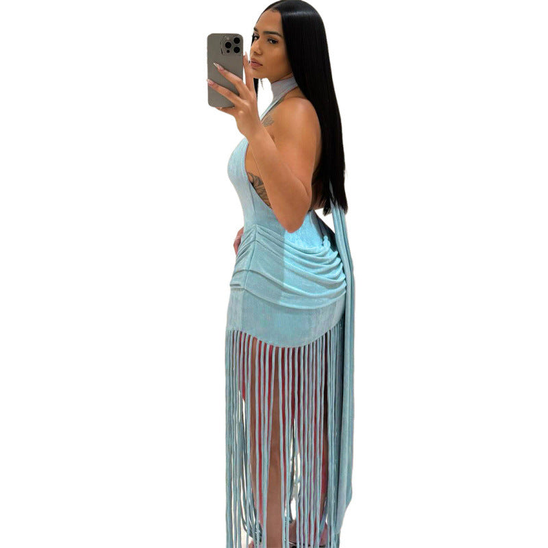Damen Elegantes Fransen-Bodycon-Kleid mit Stehkragen Drune