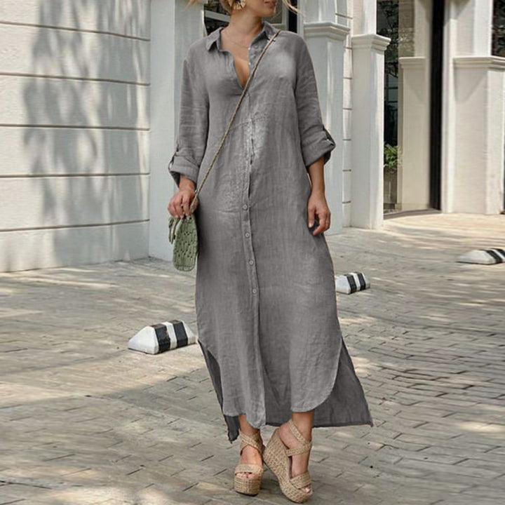 Damen Hemdblusenkleid mit durchgehender Knopfleiste, seitlichen Schlitzen und 3/4-Ärmeln Drune