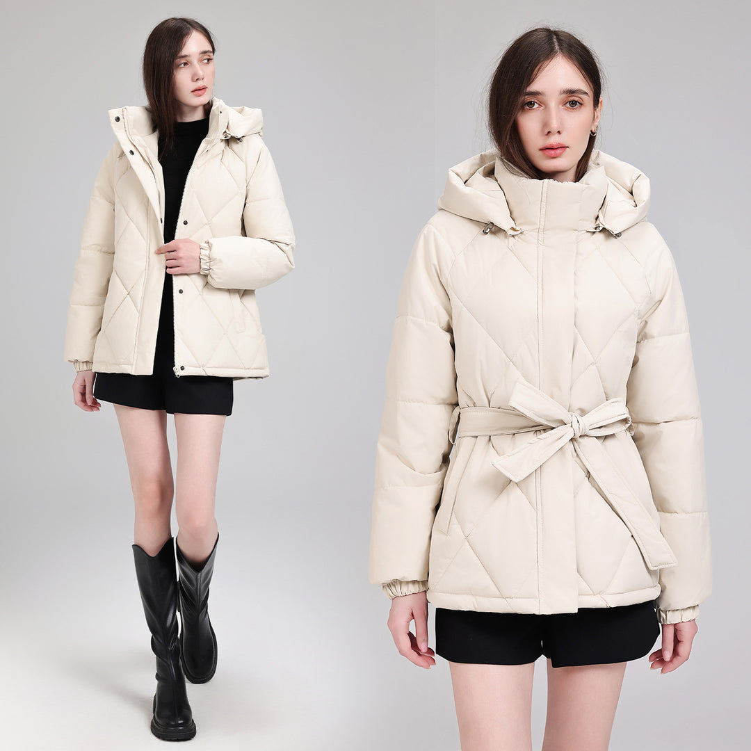 Damen Taillierter Steppparka mit Kapuze und Bindegürtel Drune