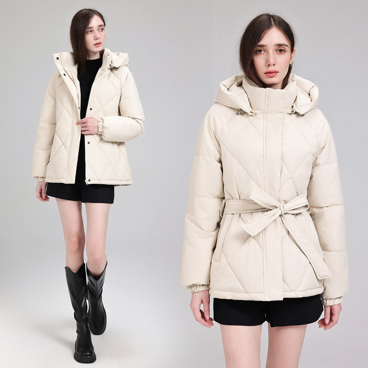 Damen Taillierter Steppparka mit Kapuze und Bindegürtel Drune