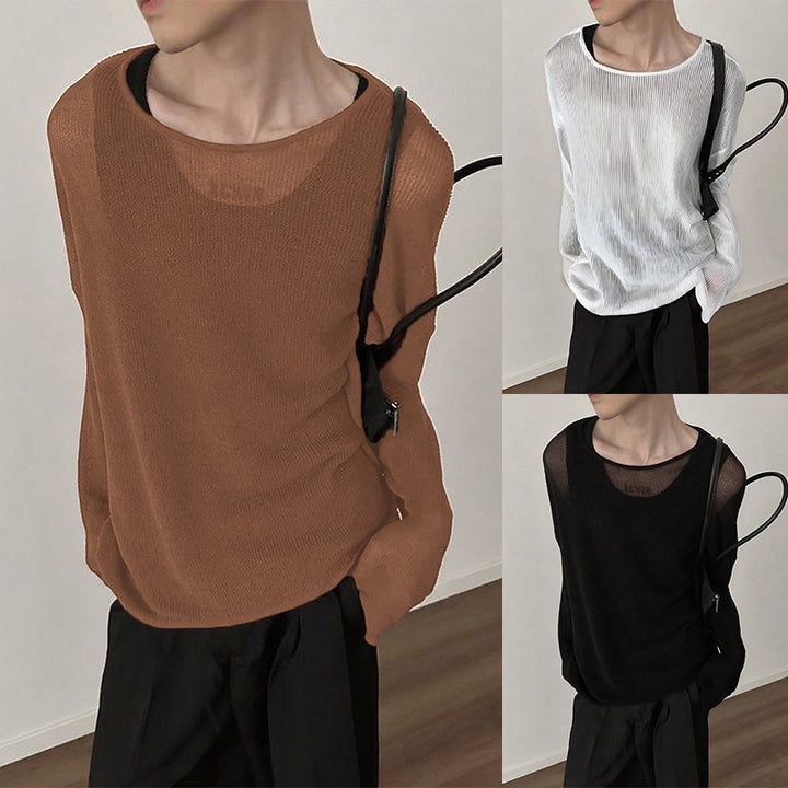 Damen nan locker fallendes Langarm-Feinstrickshirt mit feinem Rippenmuster und Rundhalsausschnitt Drune