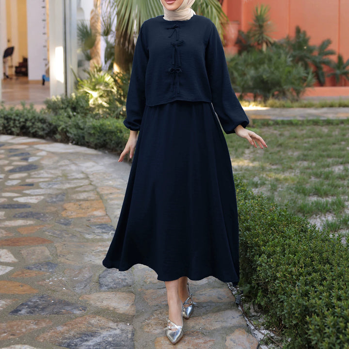 Damen Langes Zweiteiliges Maxikleid mit Überwurf, Rundhals und Zierknoten Drune