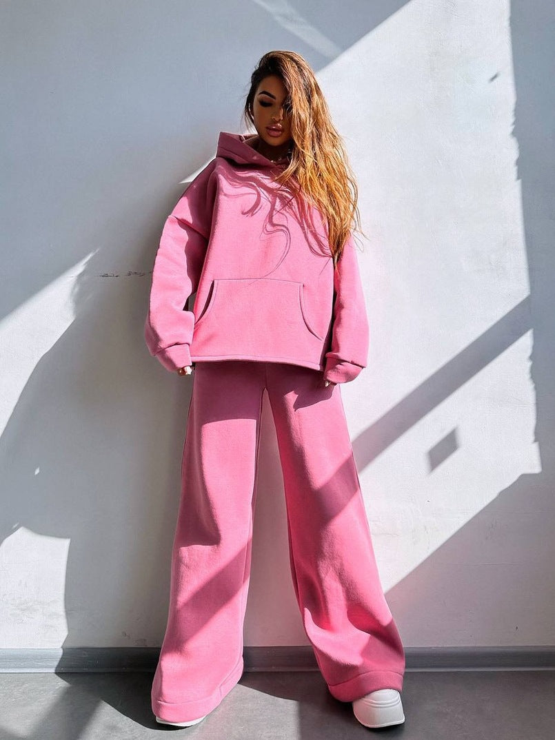 Damen Scuba-Fleece Lounge-Set mit Oversize-Kapuzenpullover und weiter Flare-Hose Drune