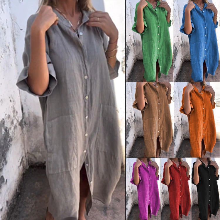 Drune | Lockere lässige Baumwolle-Leinen Hemdkleid mit halben Ärmeln