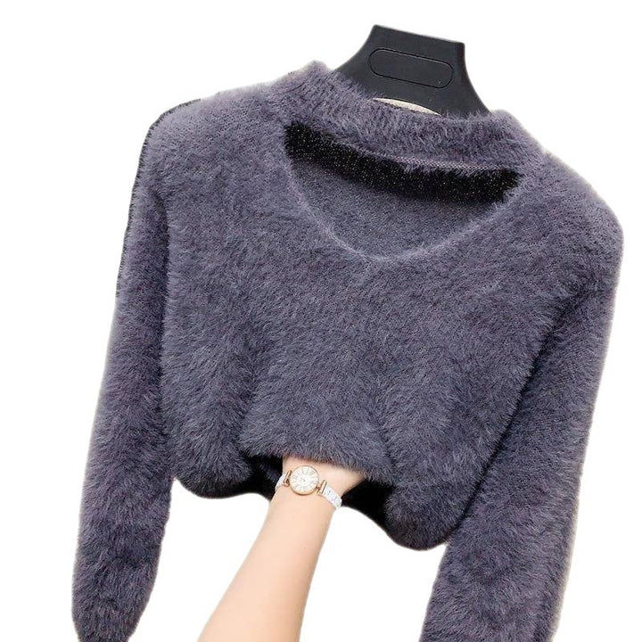 Damen kuscheliger V-Ausschnitt Pullover mit hohem Kragen Drune