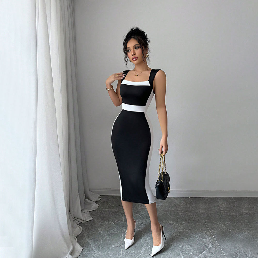 Damen figurbetontes Midi-Kleid mit elegantem Farbkontrast und schickem Ausschnitt Drune