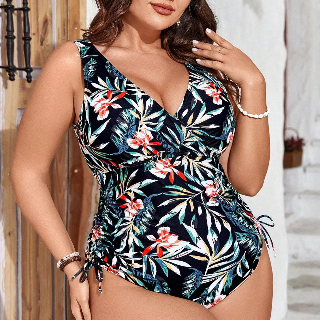 Damen Einteiler Badeanzug mit floralem Wickeldesign und figurformenden Raffungen Drune
