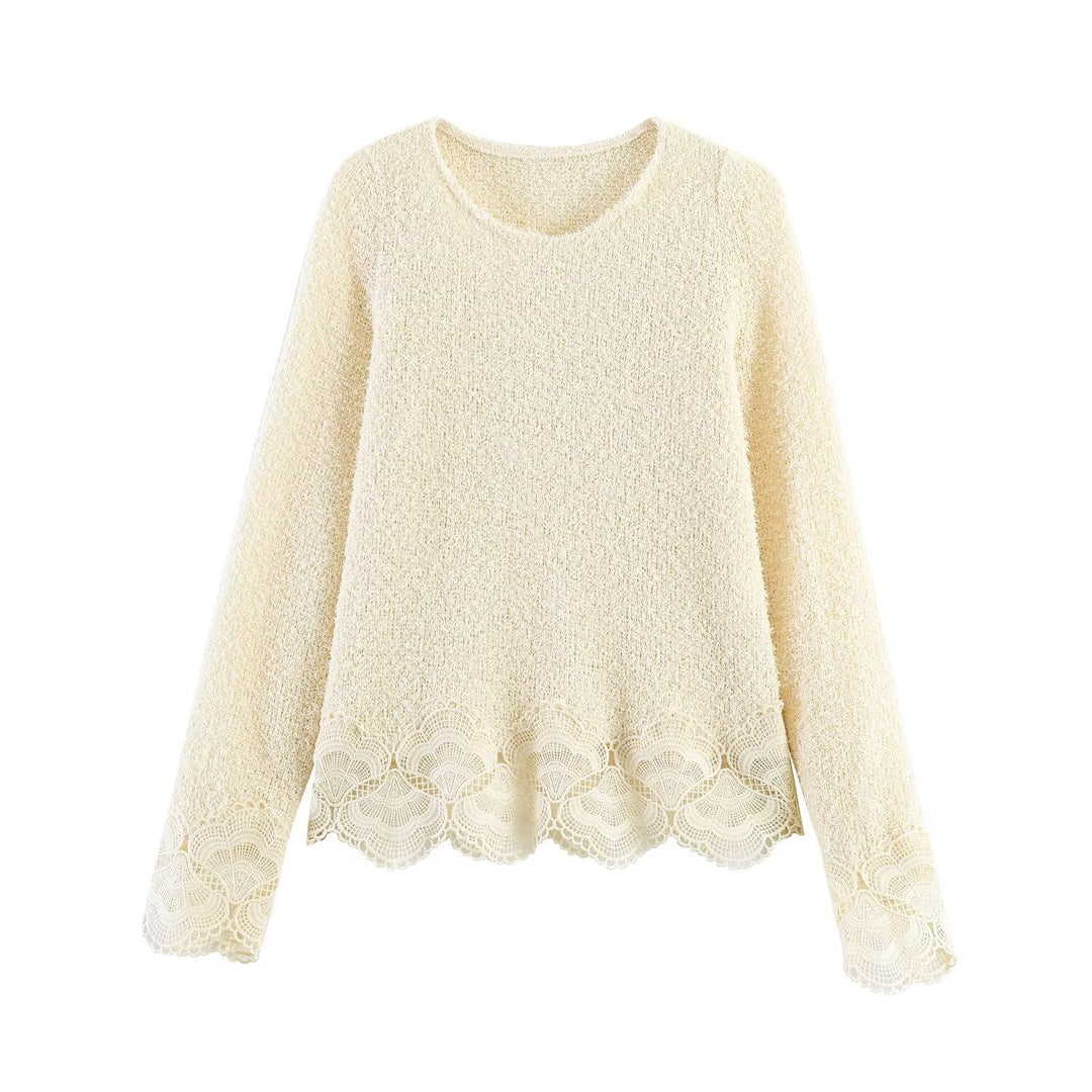 Damen Bouclé-Strickpullover mit Spitzenbesatz und gewelltem Saum Drune