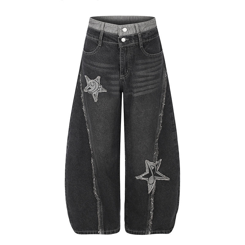 Damen High-Waist Weite Denim-Culotte mit Stern-Applikationen und Fransen-Detail Drune