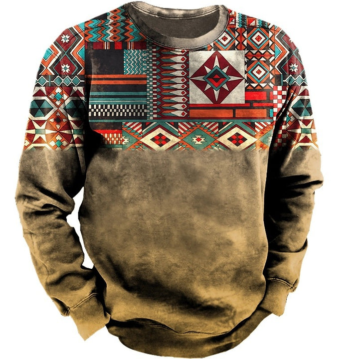 Herren-Sweatshirt mit ethnischem Blockdruck, Vintage-Fade-Effekt und Rundhalsausschnitt Drune