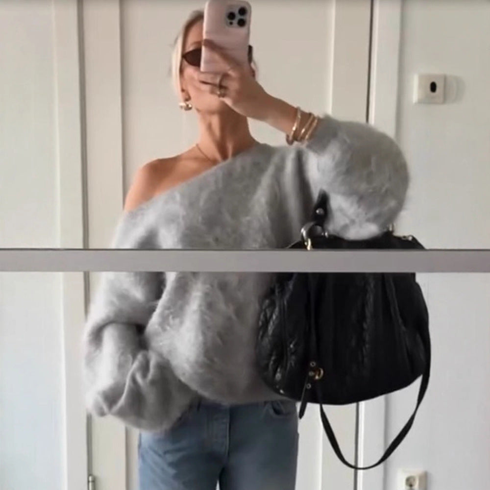 Damen Oversize Mohair-Blend Off-Shoulder Pullover mit Ballonärmeln Drune