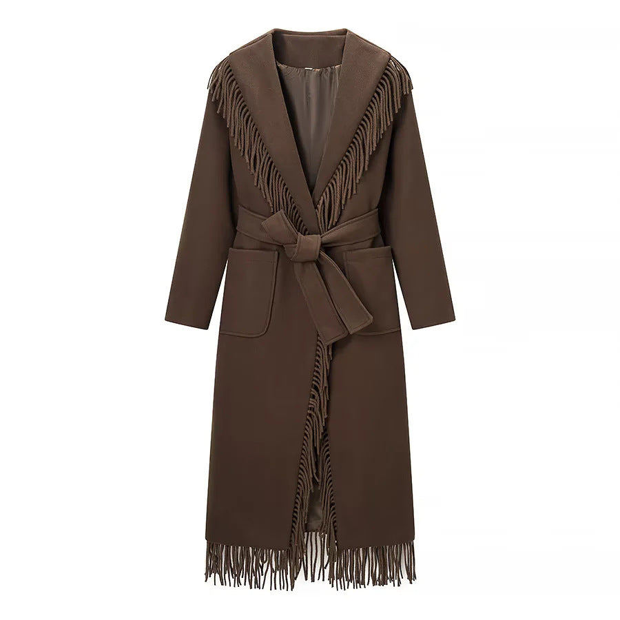 Damen nan langer Fransenmantel mit voluminösem Schalkragen, Taillengürtel und aufgesetzten Taschen Drune