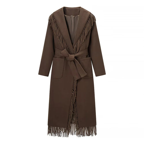 Damen nan langer Fransenmantel mit voluminösem Schalkragen, Taillengürtel und aufgesetzten Taschen Drune