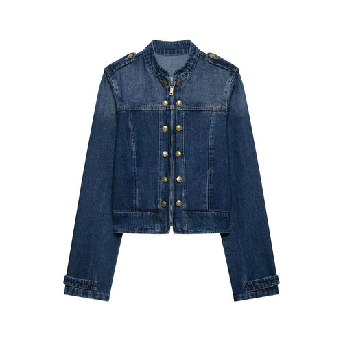 Damen Kurz geschnittene Jeansjacke im Military‑Stil mit Stehkragen Drune
