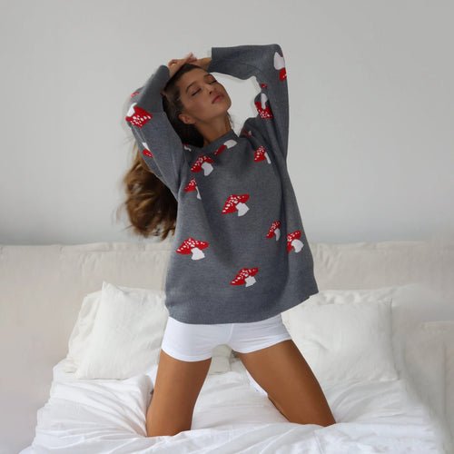 Damen weiter Strickpullover mit Pilzmotiv Rundhals Rippbündchen Drune