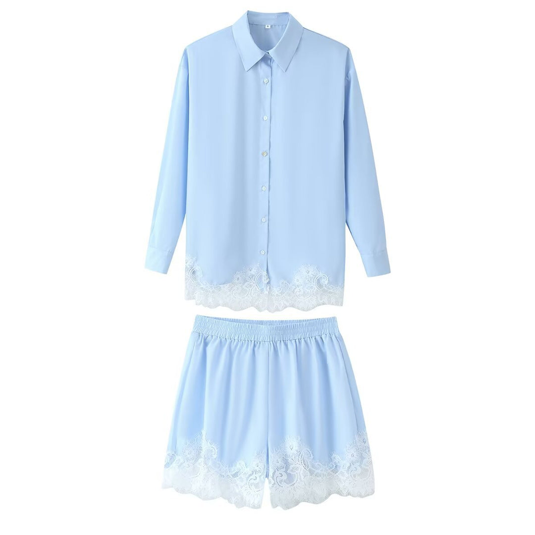 Damen Zweiteiliges Satin-Schlafanzug-Set mit Spitzenbesatz und Hemdjacke Drune