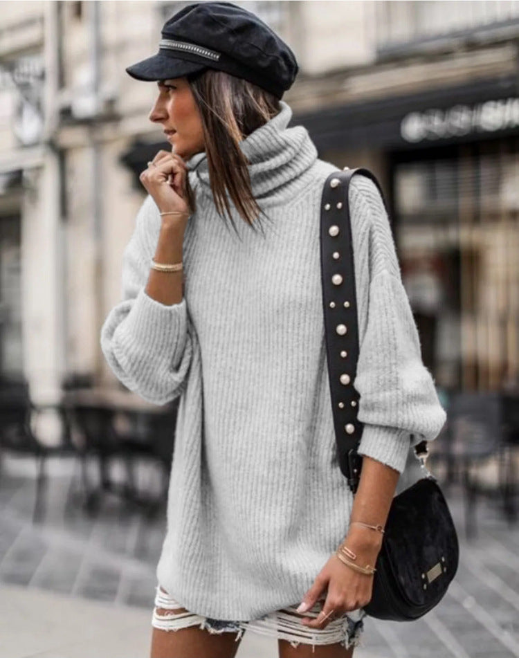 Damen Grobstrickpullover mit hohem Kragen und eleganten Knopfdetails Drune