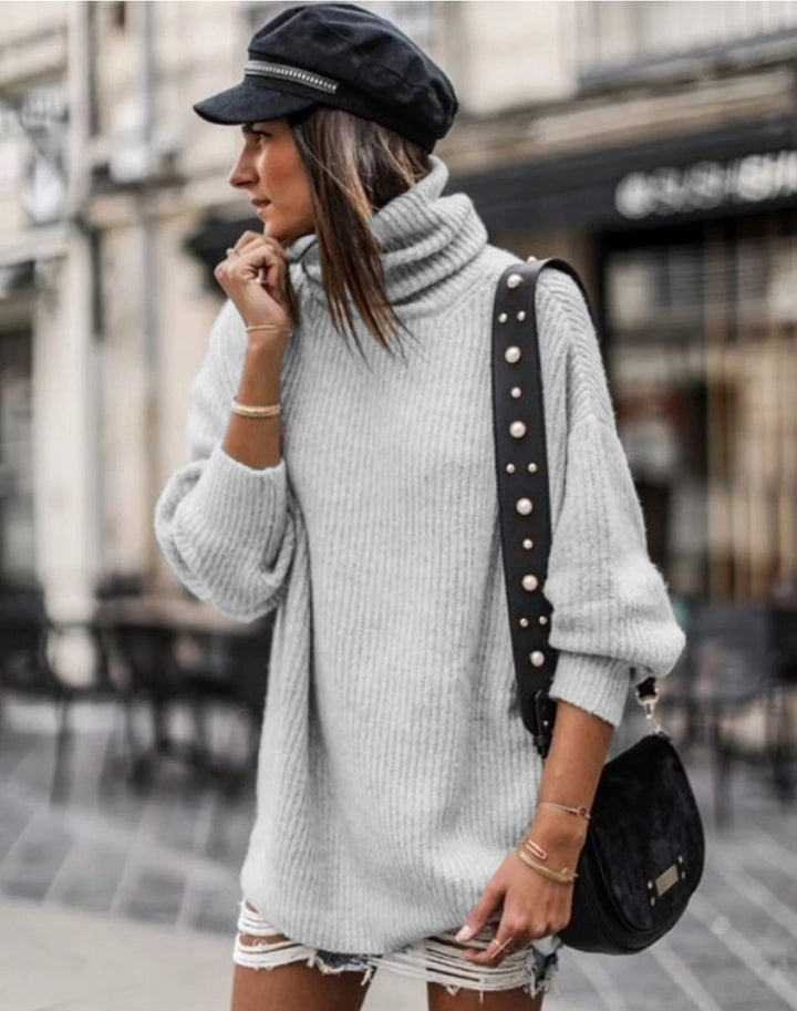 Damen Grobstrickpullover mit hohem Kragen und eleganten Knopfdetails Drune