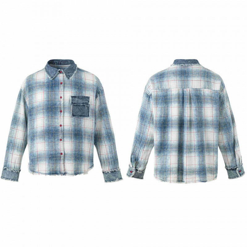 Unisex Kariertes Overshirt im Used-Look mit Fransen, Jeanskragen und aufgesetzter Brusttasche Drune